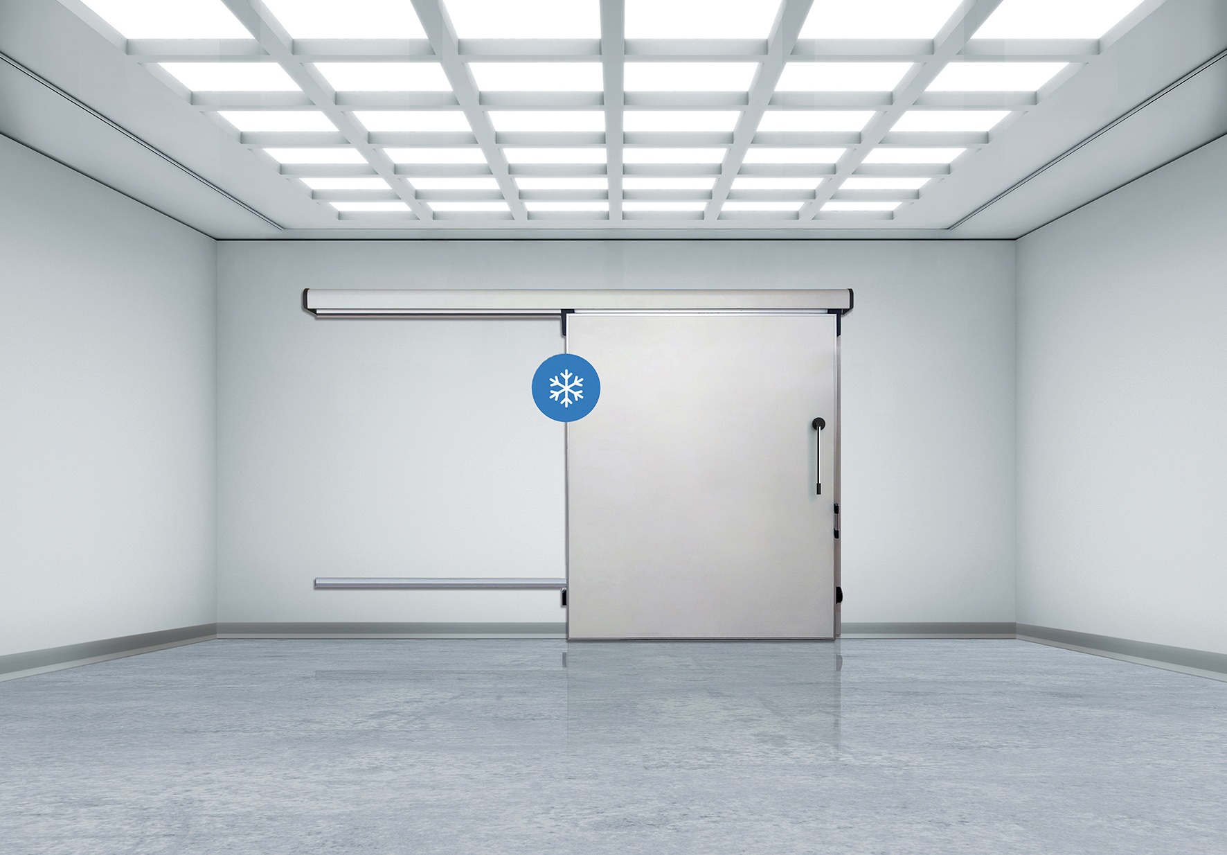 Cold storage sliding door in a bright, sterile room.