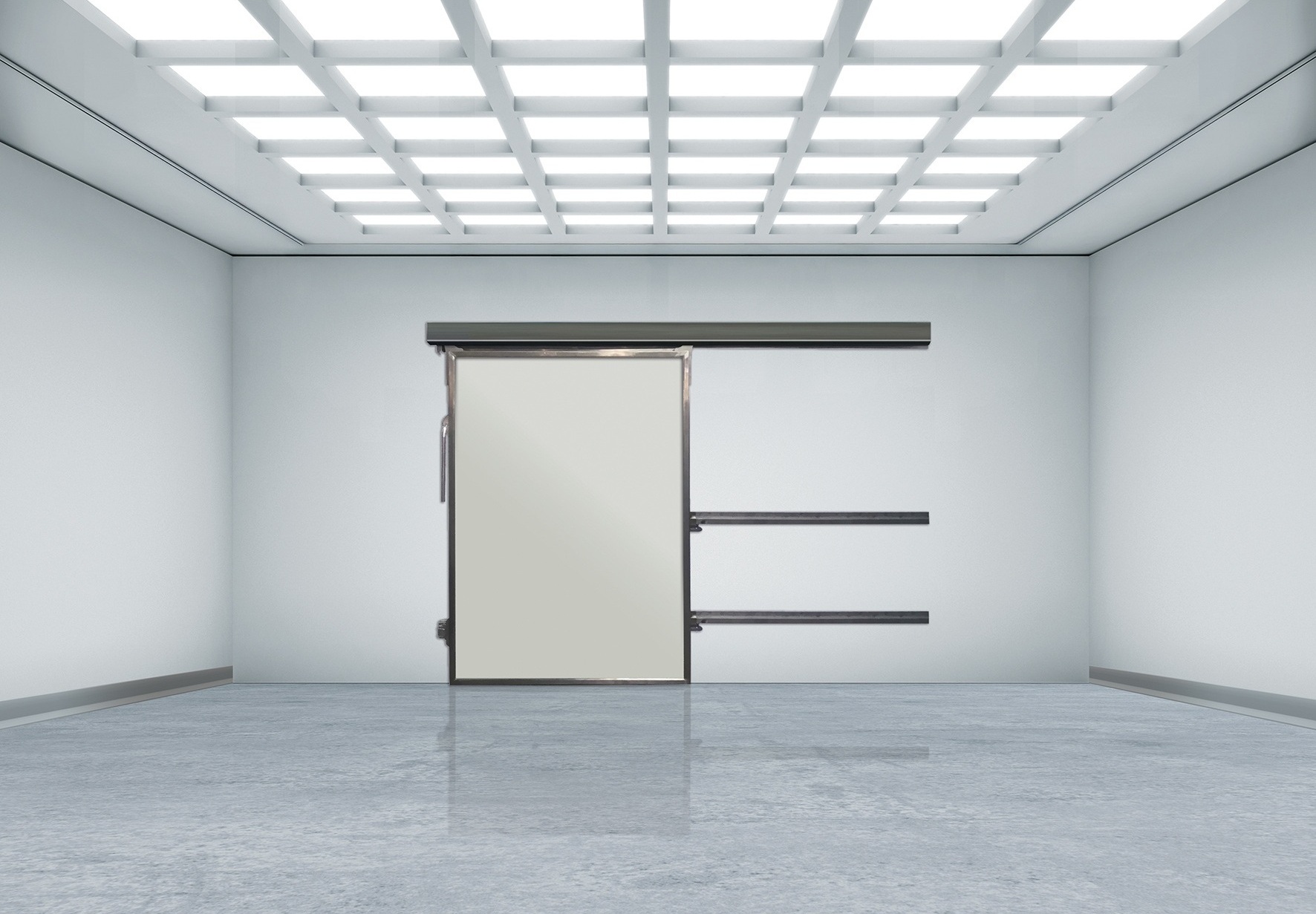 Minimalist white room with sliding door and grid-lit ceiling