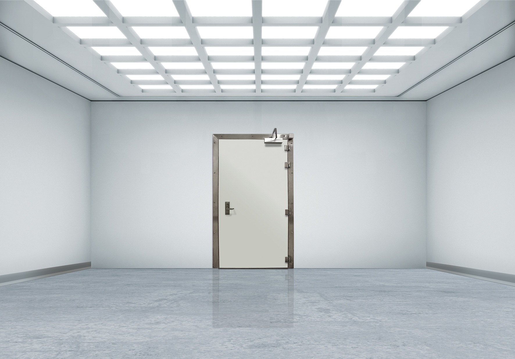 White industrial room with grid ceiling lights and a centered metal door