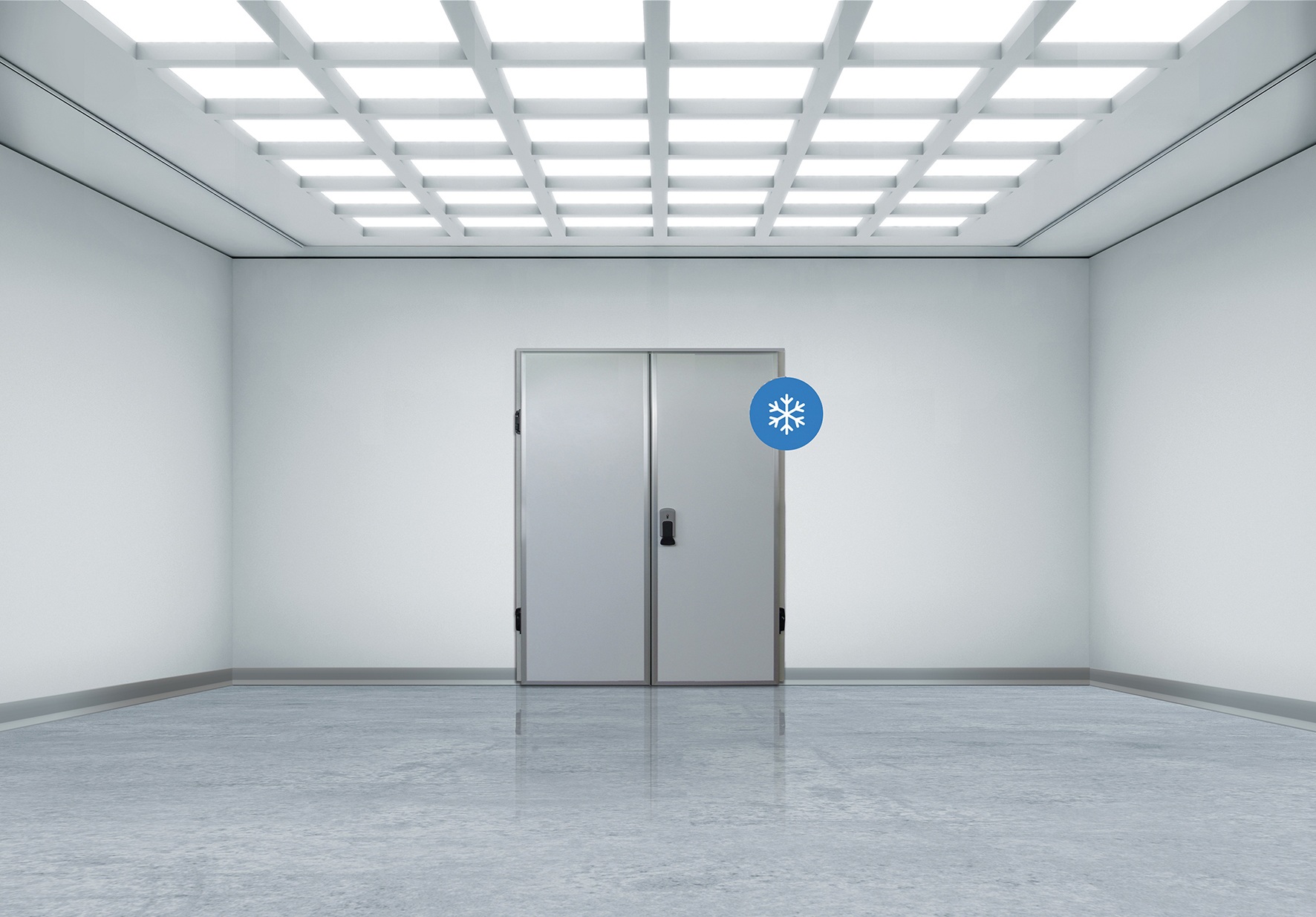 Bright sterile room with grid lights and a steel double door with snowflake