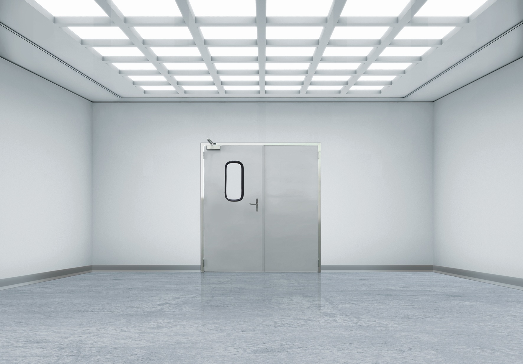 Sterile white room with stainless steel double doors and grid ceiling lights.