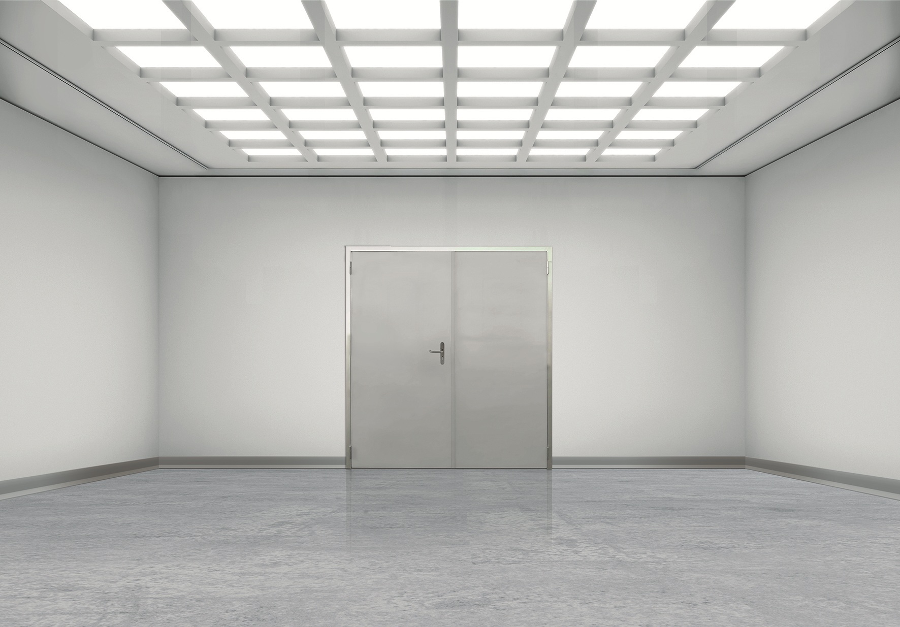 Empty sterile room with grid ceiling lights, metal double doors, and polished floor.