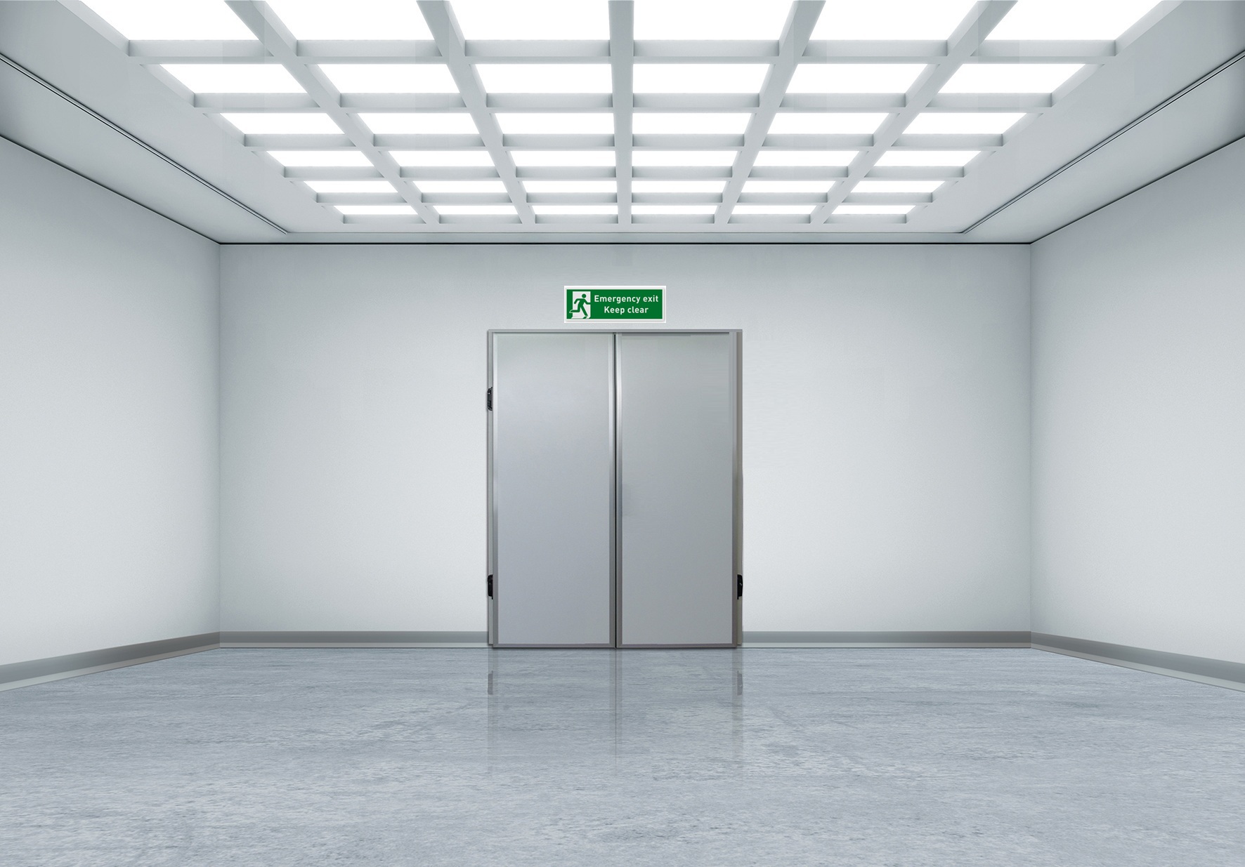 Empty white hallway with double doors under emergency exit sign - nooddeuren