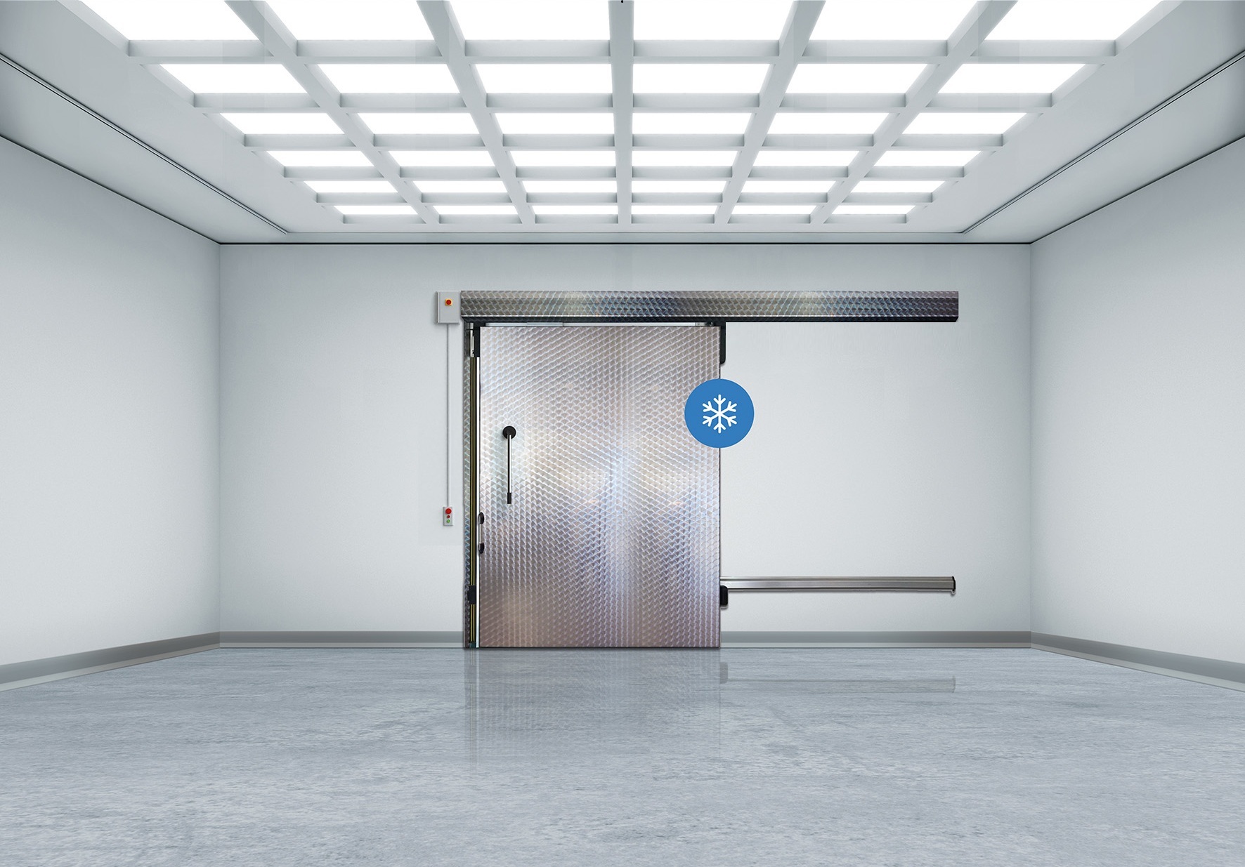 Industrial room with a metallic sliding freezer door